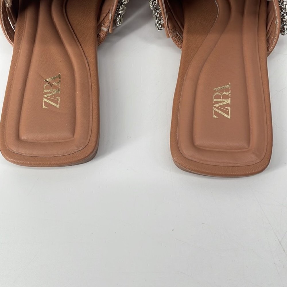 Zara sling back flat point shoes with rhinestones neutral beige brown sz 6 - Picture 10 of 13